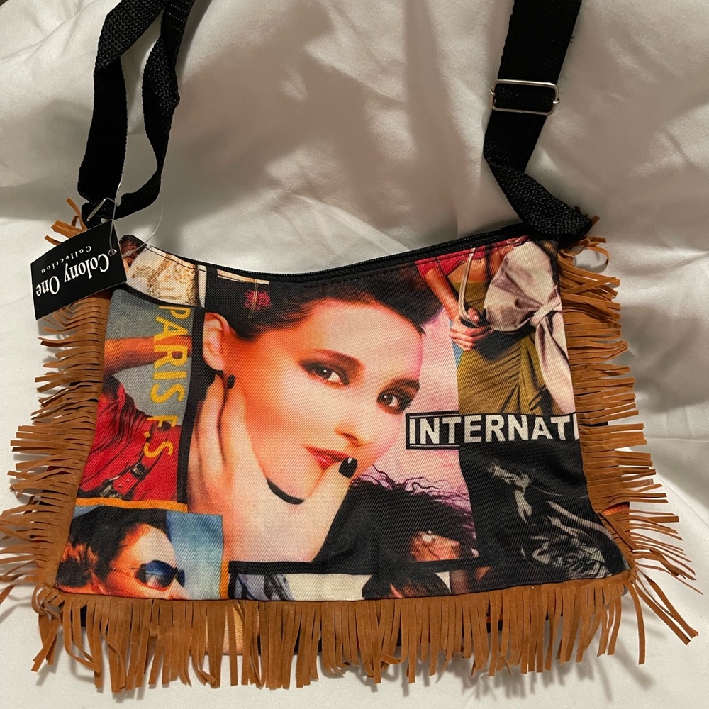 Colony One Vintage Style Magazine Print Fringed Purse. NWT Y2K Retro